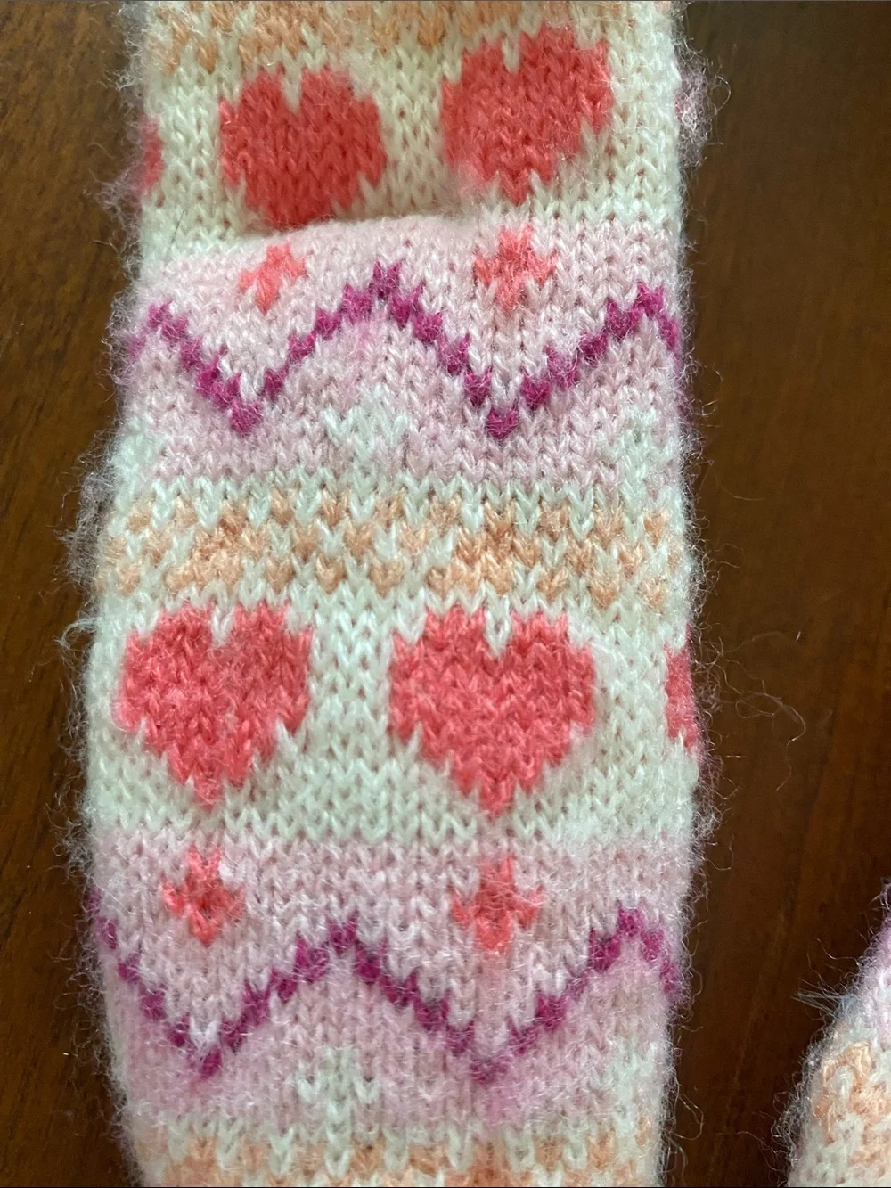 Pink Heart Knit Scarf with Pom-Poms